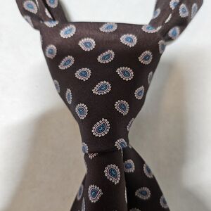 Italian All Silk Hand Made Paisley Necktie Brown Blue Patterned Tie